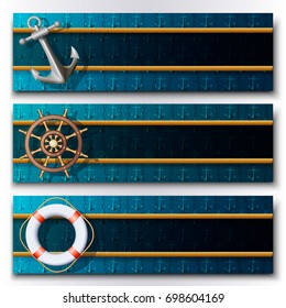 Set of three horizontal vector banners with anchor, steering wheel and lifebuoy. 