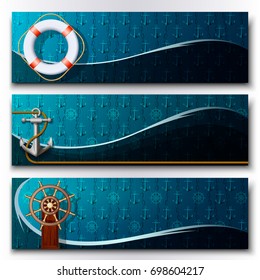 Set of three horizontal vector banners with anchor, steering wheel and lifebuoy. 