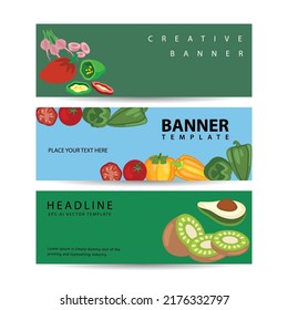 Set of three horizontal vegetable and fruits banners vector illustration