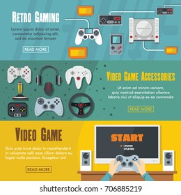 Set of three horizontal video game banners with colorful images of game accessories with text vector illustration. Banners for video game design and web