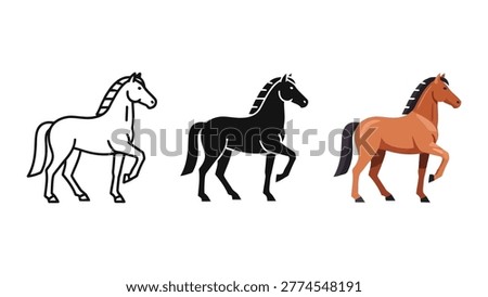 Set of three horse vector illustrations: a black and white outline, a solid black silhouette, and a realistic brown horse. Ideal for animal care, farming, or sporting concepts.