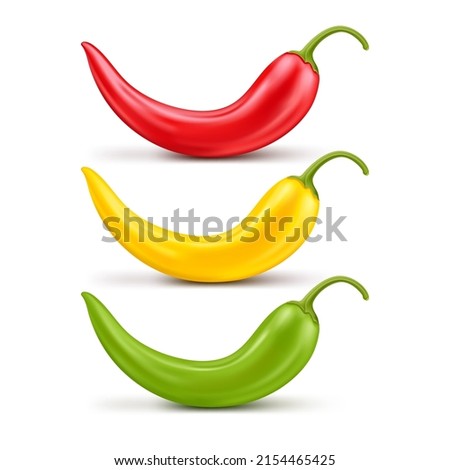 A set of three hot chili peppers, different colors, red, yellow and green. Elements for design. Vector realistic icons.