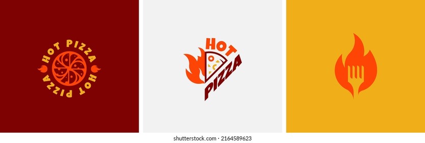 Set of three hot fast food and pizza vector logos. Vector illustration