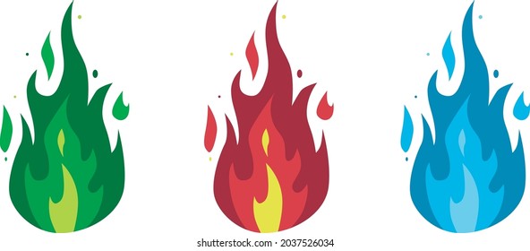 set of three hot flames icon. fireball red, blue and green. cartoon bonfire. multicolored fire stickers. fire silhouette logo