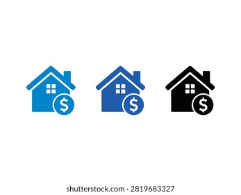 A set of three house icons in different colors featuring a dollar currency symbol representing home loans mortgage banking and real estate financial transactions