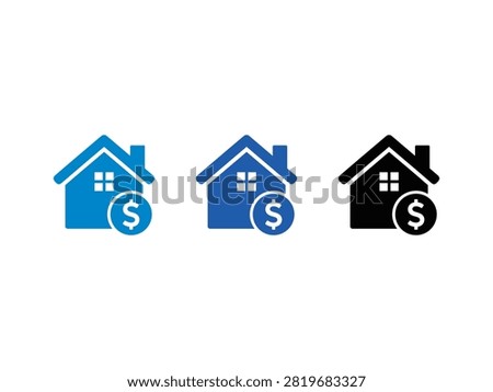 A set of three house icons in different colors featuring a dollar currency symbol representing home loans mortgage banking and real estate financial transactions