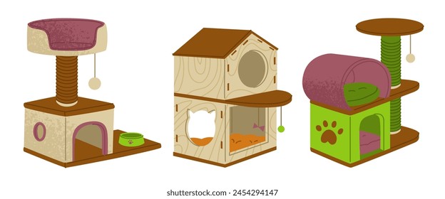A set of three houses for cats with a tower for climbing and relaxing. Interior items for animals. Pet care. Design for stores with pet products. Home life of a cat. Vector illustration.