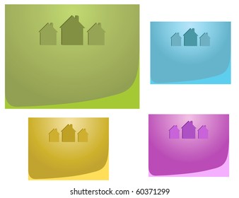 Set of  three houses on multicoloured backgrounds