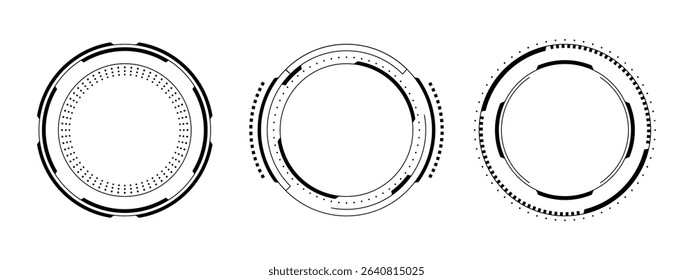 Set of three hud vector graphic circle frames. Futuristic technology element for data display and target concept. User interface design.