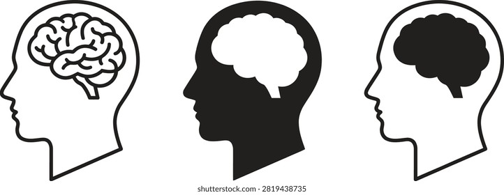 Set of three human head silhouettes showing different styles of brain anatomy and mental health