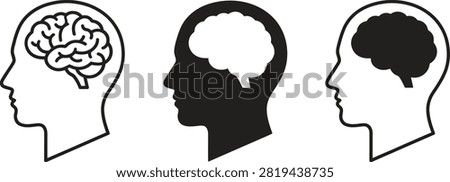 Set of three human head silhouettes showing different styles of brain anatomy and mental health