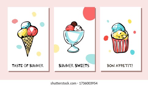 Juego de tres bolas de helado coloridas tarjetas de felicitación de doodle. Ilustración de caricaturas aislada y dibujada a mano. Para postales, patrones, banners, imprimir. Diseño de la comida, fondo de postre. Dibujo de dulces de verano