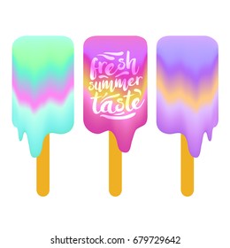 set of three ice cream on a white background, fresh summer taste, Liquid color sticking mesh form. Vector illustration, design elements.