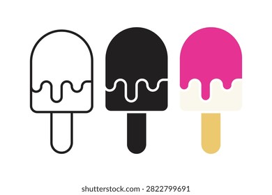 A set of three ice cream popsicle icons featuring an outline style, a solid black silhouette, and a colorful version, isolated on white background.
