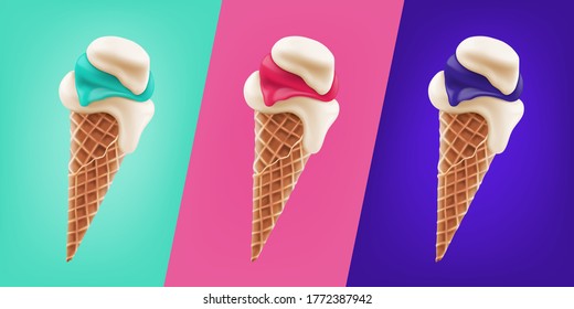 Set of three ice cream wafer cones with different taste on colored background. 3d vector realistic icon