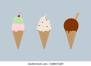 a set of three ice creams with different flavors and decorations, with a cherry, confetti and a cookie