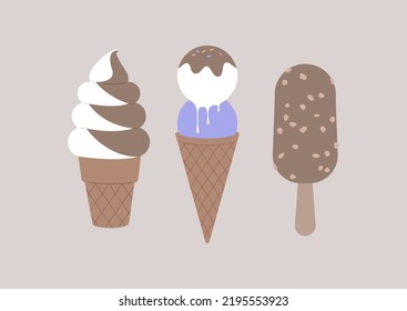 A set of three ice creams, melting gelato in a waffle cone, Soft mixed flavor of vanilla and chocolate, and a popsicle coated with nuts