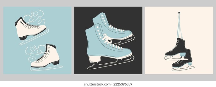 Set of three Ice skates for figure skating in winter. Outdoor skating rink. Hand drawn Vector illustrations	