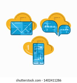 set of three icon with a typical techno vector pattern. Computer parts icon. Mail, dialogue ballon, smartphone. Flat vector. icon design. Vector icon. Modern Vector. Interface
