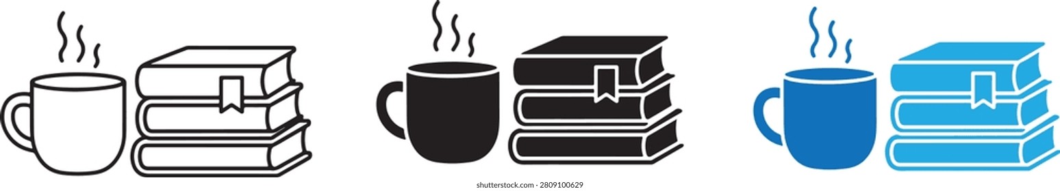 A set of three icon variations featuring a steaming cup of coffee next to a stack of books, representing reading and relaxation.
