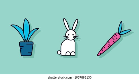 Set of three icons with blue plant, white rabbit and pink carrot with shadows on mint background