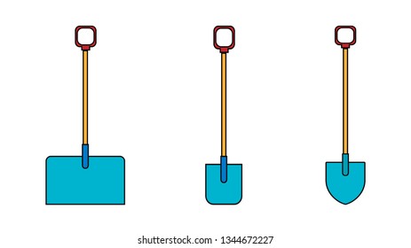 Set of three icons of building snow-agro agro beautiful sovok, bayonet shovels with wooden handles for digging the ground. Garden tools on a white background. Vector illustration.