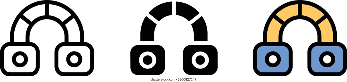 A set of three icons depicting an arch shape with earcups and a lens. The icons are presented in outline, solid black, and colored variations.