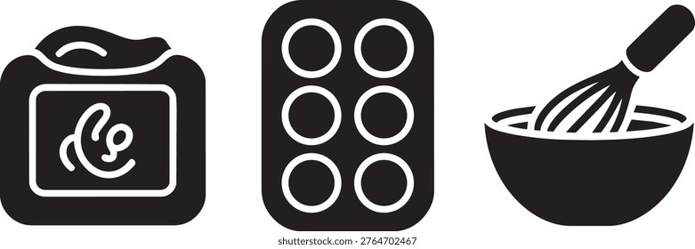 A set of three icons depicting baking essentials: a whisk in a bowl, a muffin tin, and a jar containing ingredients. These illustrations are ideal for use in c.