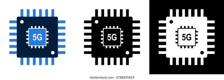 A set of three icons depicting a microchip with 5G on it, representing the fifth generation of wireless technology, in blue, black, and white variations.