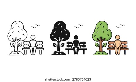 A set of three icons depicting a person sitting on a park bench next to a tree, presented in outline, solid, and colored styles.