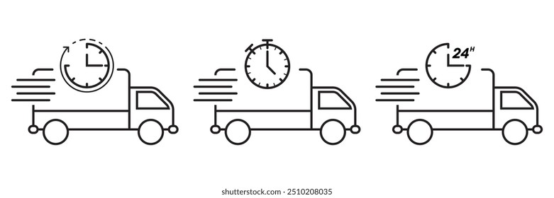 Set of three icons featuring delivery trucks with clocks and motion lines, representing fast, urgent, and 24-hour delivery services