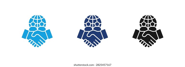 A set of three icons featuring a handshake combined with a globe symbol to represent global business deals and international cooperation in blue and black colors