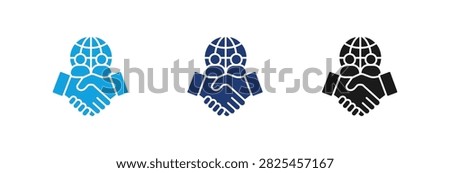 A set of three icons featuring a handshake combined with a globe symbol to represent global business deals and international cooperation in blue and black colors
