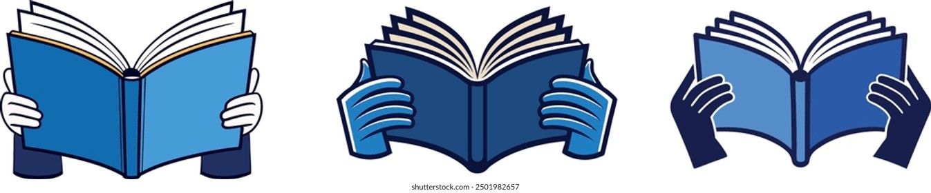 A set of three icons featuring an open book held by hands, designed in a minimalist style with blue tones. Perfect for digital interfaces, educational materials, and web design.