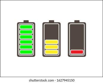 Set of three icons in the form of batteries with different levels of charge on a white isolated background