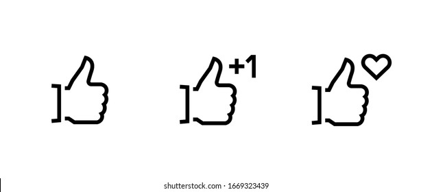 Set of three icons hand thumb up. Human palm gesture symbol, heart, plus 1. Editable vector line isolated on a white background. Simple pictogram for website.