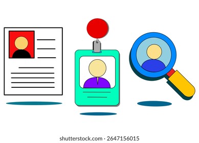 Um conjunto de três ícones: um cartão de identificação, uma lupa e uma pessoa, simbolizando identificação, pesquisa e dados pessoais. Ideal para sistemas de segurança, RH, verificação e gerenciamento de usuários.