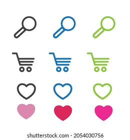 Set of three icons (Set of three icons (magnifying glass, shopping cart, heart) in three colors: black, blue, green.