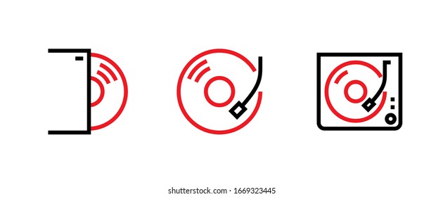 Set of three icons of music vinyl players. Symbol vintage gramophone black and red color. Editable vector line isolated on a white background. Simple pictogram for website.