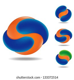 set of three icons as orange sphere and orange or blue abstract arrows, isolated on white with shadow