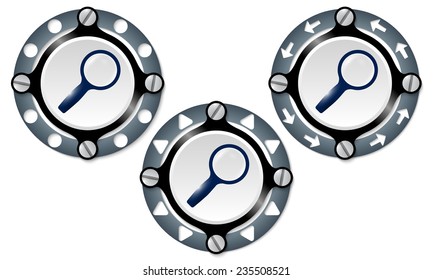 Set of three icons with perforated ring and magnifier