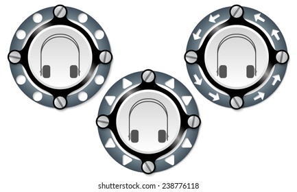 Set of three icons with perforated ring and headphones