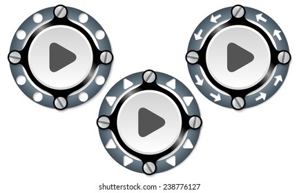 Set of three icons with perforated ring and play symbol
