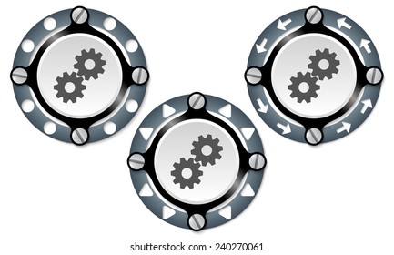 Set of three icons with perforated ring and cogwheels