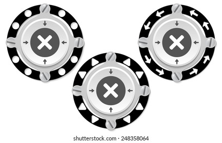 Set of three icons with perforated ring and multiplication symbol