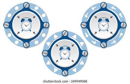 Set of three icons with perforated ring and alarm clock