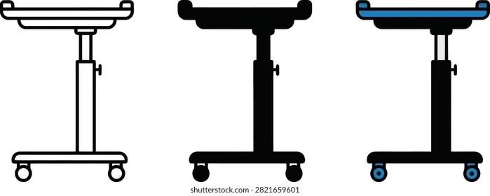 A set of three icons representing an adjustable mobile medical tray or bedside table, shown in outline, solid black, and colored styles.
