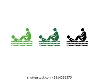 A set of three icons representing aquatic therapy or water rehabilitation with a therapist assisting a patient in a pool environment.