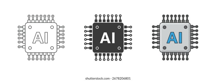 A set of three icons representing artificial intelligence (AI) on a microchip. Includes outline, solid, and colored versions of the AI processor symbol.
