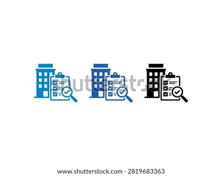 A set of three icons representing building inspection and property audit featuring a skyscraper office building a checklist clipboard and a magnifying glass with a checkmark